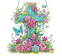 MOGTAA Easter Cross Diamond Art Hanging Kits for Adults Kids, 5D Special Shape Diamond Painting Flowers Pendant Kits, Crystal Rhinestones Butterfly Crystal Art Painting for Home Decor Gifts