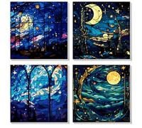 MOGTAA Framed Paint by Numbers for Adults Children Beginners, 4 Pack Landscape Paint by Numbers for Adults, Kids' Painting by Numbers, Star Moon DIY Oil Painting Kits for Home Decor (8x8inch)