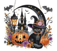 MOGTAA Halloween Diamond Art Hanging Kits for Adults Kids, 5D Special Shape Black Cat Diamond Painting Pendant Kits, Crystal Rhinestones Castle Gem Arts Crafts Kit for Home Wall Decor Gifts