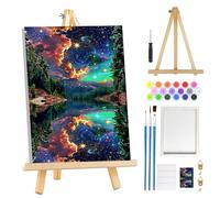 MOGTAA Starry Sky Paint by Numbers for Adults Beginners with Frame, Lake and Mountains Painting by Numbers for Adults with Easel, Easy DIY Oil Painting Kits Art Crafts for Home Decor, 8x12in