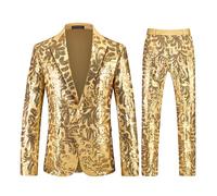MOGU 2 Pieces Mens Sequin Dress Suit Floral Pattern Shiny Tuxedo for Party Banquet Proms 70S Disco, Gold, XXL