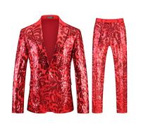 MOGU 2 Pieces Mens Sequin Dress Suit Floral Pattern Shiny Tuxedo for Party Banquet Proms 70S Disco, Red, L