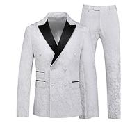 MOGU Mens 2 Piece Double Breasted Tuxedo Slim Fit Jacquard Floral Vintage Groomsmen Wedding Prom Suit, White, 34