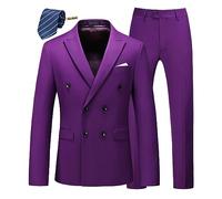 MOGU Mens 2 Piece Suit Slim Fit Double Breasted Blazer and Pants Solid Color Prom Tuxedo - Purple - 30