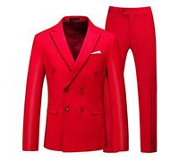 MOGU Mens 2 Piece Suit Slim Fit Double Breasted Blazer and Pants Solid Color Prom Tuxedo, Red, 36