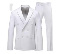 MOGU Mens 2 Piece Suit Slim Fit Double Breasted Blazer and Pants Solid Color Prom Tuxedo - White - 32
