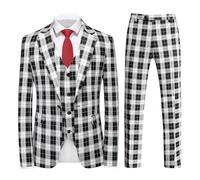 MOGU Men's 3-Piece Plaid Suit Slim Fit Checkered Tuxedo Set with Jacket, Vest, Pants Modern Casual Dress for Wedding Prom, Single Breasted Black, M