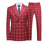 MOGU Mens 3 Piece Slim Fit Plaid Suit Blazer Jacket+Vest+Pants, Double Breasted Burgundy, 44