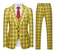 MOGU Mens 3-Piece Slim Fit Plaid Suit - Blazer, Vest, and Pants Set for Wedding Prom Casual, Yellow, XL