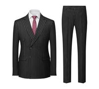 MOGU Mens Double Breasted Pinstripe Suit 2 Piece Slim Fit Tuxedo Formal Jacket and Pants for Business Wedding Prom, Black, XXL