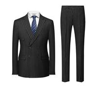 MOGU Mens Double Breasted Pinstripe Suit 2 Piece Slim Fit Tuxedo Formal Jacket and Pants for Business Wedding Prom, Black, M