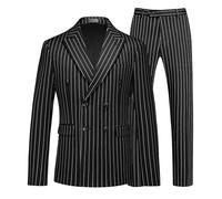 MOGU Mens Double Breasted Pinstripe Suit - 2 Piece Slim Fit Vintage Tuxedo for Groomsmen, Wedding, Prom, Black, L