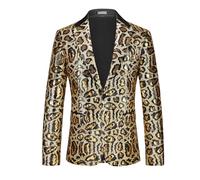 MOGU Men's Sequin Jacket Leopard Print Sparkly Glitter Blazer Shiny Dress Tuxedo Sport Coats for Party Prom Dinner Stage Club, Gold, XS