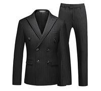 MOGU Mens Suits 3 Piece Double Breasted Suit Pinstripe Slim Fit Tuxedo Jacket Vest Pants for Business Wedding Prom, Black, 42