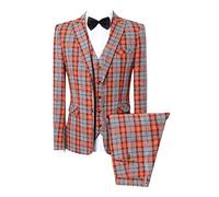 MOGU Mens Three Piece Slim Fit Plaid Suit Blazer Jacket+Vest+Pants, Orange, 36