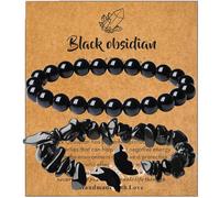 Moguri 2 Black Obsidian Crystal Bracelets for Women, Amethyst Beaded Bracelet Set, Healing Crystals for Women, Chakra Bead Bracelet with Grey Velvet Pouch