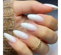 Moguri 24Pcs Press on Nails Medium Almond, Winter White Ombre Gel Glue on Nail, Glossy Short Stiletto Reusable UV Finish Fake Nails Acrylic False Nails Manicure Kits for Women