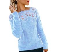 Mohair Jumpers for Women Fitted Knit Jumper Womens Ladies Oversized Knitted Jumper Pullover Sweaters Women Fluffy Lace Top Sweater Loose Cosy Casual Thick Large Chunky Plus Size Trendy Warm Blue 2XL