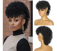 Mohawk Wig Kinky Curly Ponytail with Bangs,Short Curly Synthetic Clip on Mohawk Ponytail Extension Hair Pieces for Women with Six Clips and Two Combs Fluffy Natural Hair for Daily and Party Use 1B