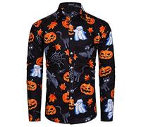 MOHEZ Mens Halloween Shirt Ugly Pumpkin Casual Long Sleeve Funny Button Down Shirts Alphabet Print Adult Costume Black Medium