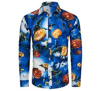 MOHEZ Mens Halloween Shirt Ugly Pumpkin Casual Long Sleeve Funny Button Down Shirts Bats Print Adult Costume Blue X-Large