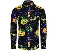 MOHEZ Mens Halloween Shirt Ugly Pumpkin Casual Long Sleeve Funny Button Down Shirts Spider Web Print Adult Costume Orange XX-Large