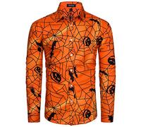 MOHEZ Mens Halloween Shirt Ugly Pumpkin Casual Long Sleeve Funny Button Down Shirts Spider Web Print Adult Costume Orange Large