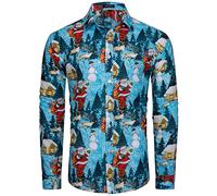 MOHEZ Mens Novelty Christmas Shirt Long Sleeves Ugly Xmas Shirt Santa Claus Printed Holiday Party Top, Blue Large