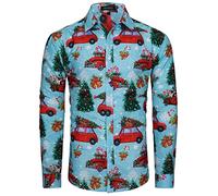 MOHEZ Mens Novelty Christmas Shirt Long Sleeves Ugly Xmas Shirt Santa Claus Printed Holiday Party Top, Blue Medium