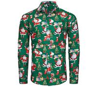 MOHEZ Mens Novelty Christmas Shirt Long Sleeves Ugly Xmas Shirt Santa Claus Printed Holiday Party Top, Green 3X-Large