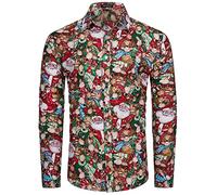 MOHEZ Mens Novelty Christmas Shirt Long Sleeves Ugly Xmas Shirt Santa Claus Printed Holiday Party Top, Red 3X-Large