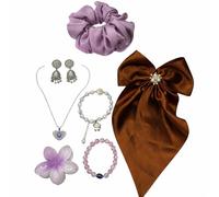 Mohmit Mart Jewellery & Hair Accessory Gift Box - Includes Oxidized Jhumka, Pendant Chain, 2 Charm Bracelets, Bow, Scrunchy & Flower Clutcher (Random Designs for Aesthetic Surprise)