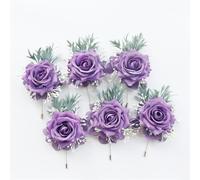 MOHUIED 1/6PCS Purple Rose Wedding Wrist Corsage and Boutonniere Set for Bride Bridesmaid Men Groom Red Rose Wedding Flower Accessories Corsage Bracelet(6PCS Boutonniere)
