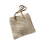 MOHUIED Square Hollow Straw Beach Bag Handmade Woven Shoulder Rattan Shopping Travel Summer Vacation Casual Tote for Women(Beige)