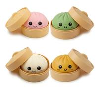 Moiegouct 4 PCS Dumpling Squishies with Box, Colorful Mystery Squishys Dumplings Stress Relief Balls Fidget Sensory Toy,Bao Bun with Food Steamer Stretchy Desk Squeeze Toys