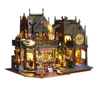moin Moin 2405dh419 Dollhouse Miniature Handmade Kit Set, Magic City, English Instruction Manual, Magic, Castle, Cat, Black, Shop, Hotel, LED Light, Acrylic Case, Music Box (Cannon)