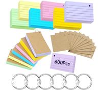 moinkerin Flash Cards 600 Pieces 3 * 2 Inch Multicolor Index Cards Record Cards with 7 Binder Rings 12 Kraft Paper Flashcards for Office Home School Learning