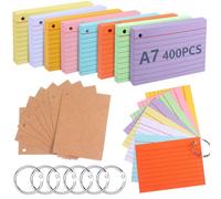 moinkerin Index Cards 400 Pieces 4.09 * 2.99inch Multicolor Record Cards with 6 Binder Rings 8 Kraft Paper Flashcards for Office Home School Learning