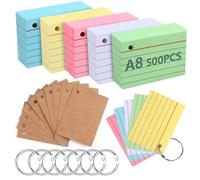 moinkerin Index Cards 500 Pieces 2.91 * 2.05 Inch Multicolor Record Cards with 7 Binder Rings 10 Kraft Paper Flashcards for Office Home School Learning