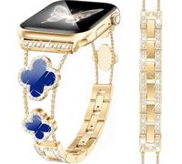 MOINSPIRE Gold Bling Diamond Clover Bands Women Compatible with Apple Watch 40mm 38mm 41mm 42mm(S10) Lucky Cute Sparkle Dressy Bracelet Metal Strap for iWatch Series SE/10/9/8/7/6/5/4/3/2/1