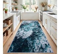 Moire Cyan Blue Washable Runner Rug 50x150 cm | Low-Pile Non-Slip Runner Rugs, Nature Modern Ocean Carpet for Hall Living Room Bedroom Entryway