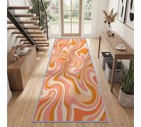 Moire Pattern Peach Pink Cream Color Washable Runner Rug 80x300 cm | Low-Pile Non-Slip Runner Rugs, Pop Vintage Abstract Carpet for Hall Living Room Bedroom Entryway