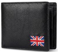 MOIRENTO Mens Union Jack Leather Wallet - Genuine Nappa Leather, Black - Embroidered British Flag, 7 Card Slots, Photo ID Window, Coin Pocket & Note Holder - British Gift for Him