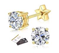 Moissanite Stud Earrings for Women Men - Hypoallergenic 925 Sterling Silver Simulated Diamond Earring,Brilliant Round Cut D Color VVS1 Halo Moissanite,14K Gold Plated Flat Back Earrings 3mm