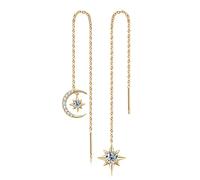 Moissanite Threader Earrings, Princess Round Cut 0.8-4CT D-E Color Moissanite, 18K Gold Plated 925 Sterling Silver, Hypoallergenic, Jewelry Box Packed, Gifts for Her