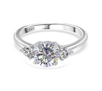 Moissanite Trilogy Ring in Rhodium-Plated Sterling Silver - Engagement, Anniversary, or Statement Jewelry for Women - GRA Certified 2.07 Ct - Size R