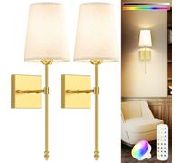 MOITA Battery Operated Wall Lights Set of 2, Rechargeable Wall Sconces, Gold Wall Lamp with Remote 3 Color Temperature Dimmable Battery Powered Non Hardwired Wall Light for Bedroom Living Room