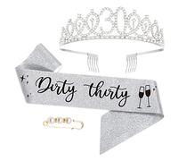 Moitkptt 30th Birthday Sash and Tiara, 'Dirty Thirty' Rhinestone Crown Birthday Gift for Girls, Silver