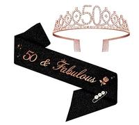Moitkptt 50th Birthday Tiara, 50 & Fabulous Birthday Crown Sash Set, 50th Birthday Decoration for 50th Birthday Women Happy 50th Birthday Gift, Party Supplies (Rose Gold)