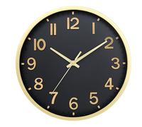 Moiubik Wall Clock 10 Inch Silent No Ticking Quartz Modern Battery Operated Thick Frame Clock for Home Office Kitchen School Living Room Bedroom (black gold, 12 Inch)